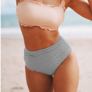 CUPSHE Women's Black and White Striped Bikini High Waisted Bottom Size Small NWT